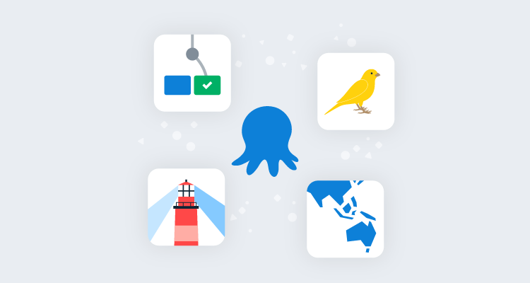 Octopus logo surrounded by four blocks, representing deployments types of blue/green, canary, rolling/lighthouse, and multi-region.
