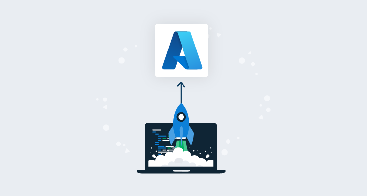 Laptop with code on screen sits behind a rocket ship that is launching towards Azure logo above